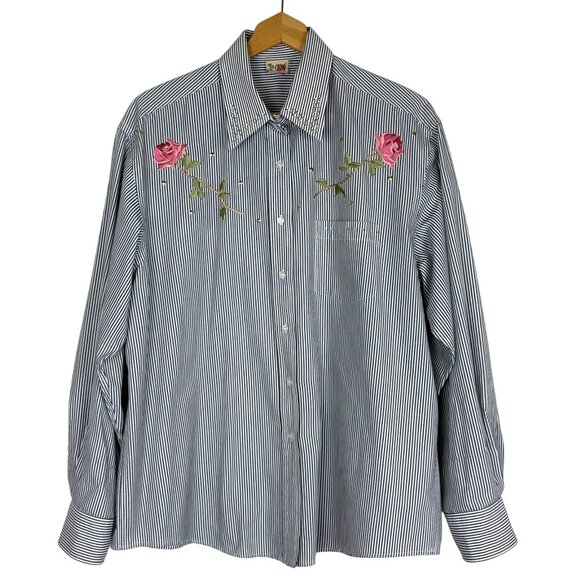 Cactus California Tops - Cactus California Vtg 90s Shirt Women’s L/XL Blue White Stripe Embroidered Rose